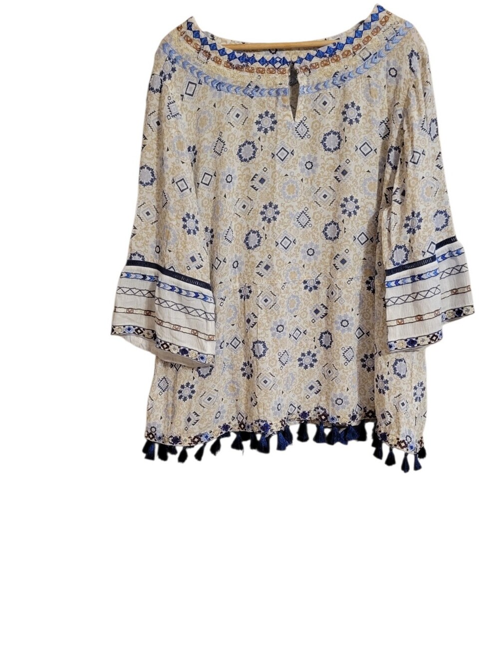 J Jill Blue Cream Boho Geo Print Embroidered Blouse